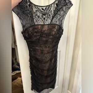 Vintage Bebe Black Lace Embellished Cocktail Dress with nude underlay